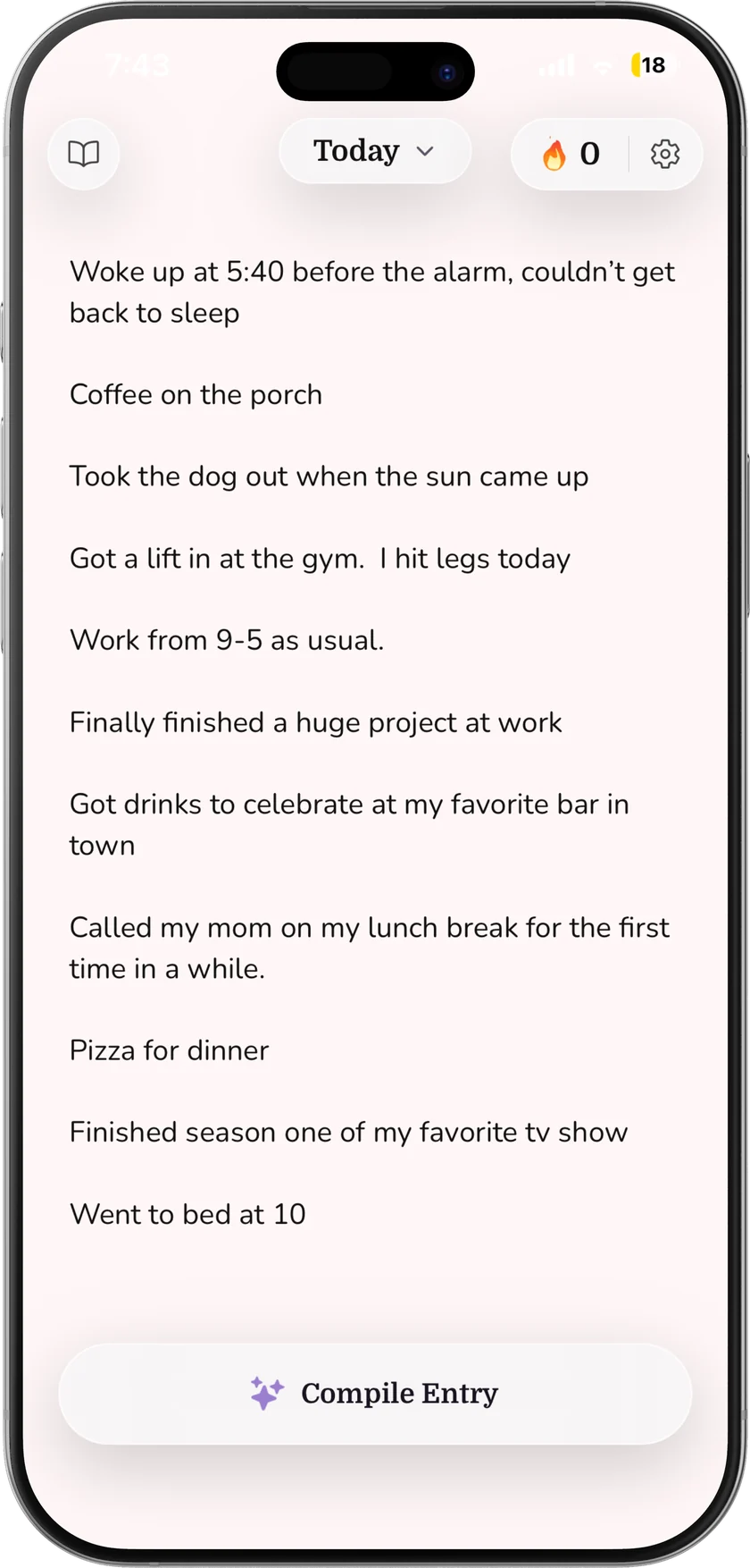 Journalify on iPhone showing the jot screen — a day captured as short notes, with a Compile Entry button at the bottom