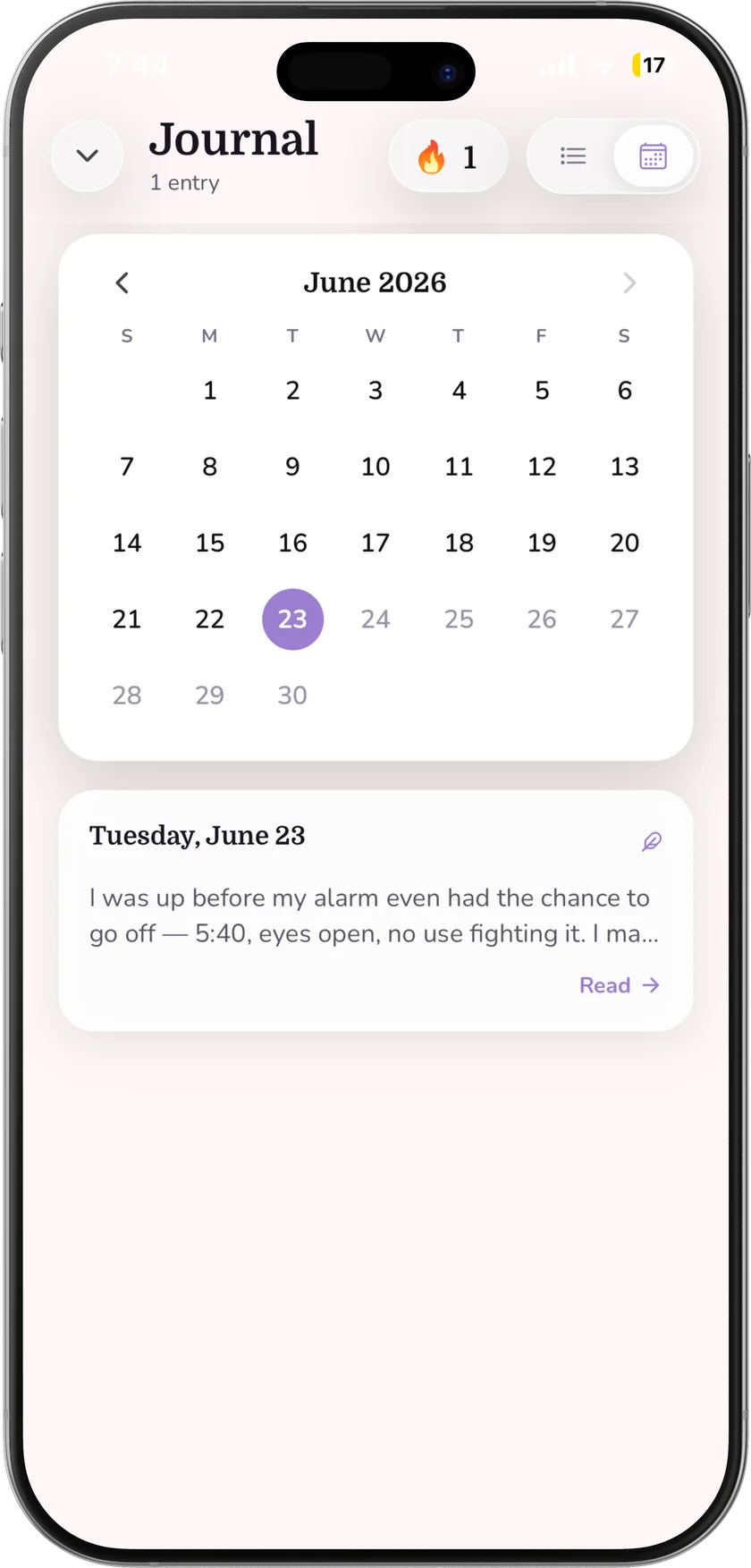The journal screen — a June calendar with a streak counter and a preview of Tuesday's entry